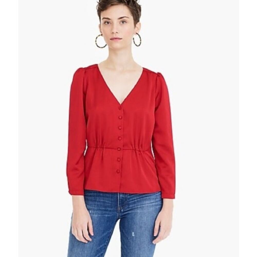 J Crew Long-Sleeve Peplum Top in Satin-Crepe Red Women's 4